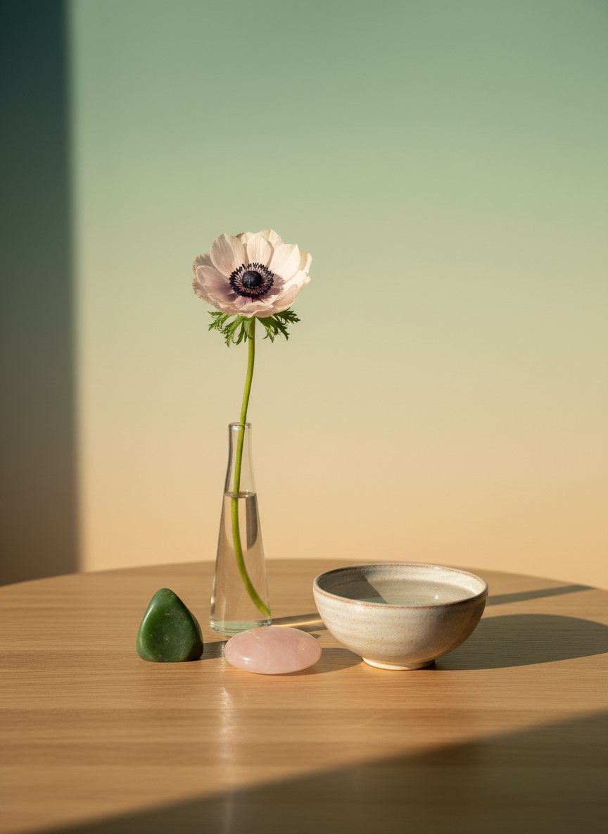 A meticulously arranged healing altar on a smooth, pale oak table, featuring a single translucent anemone flower in a thin glass vase, polished rose quartz and jade stones, and a hand-thrown ceramic bowl filled with water. Behind them, a subtle gradient wall shifts from soft sand to muted seafoam green, evoking natural ecosystems. Late afternoon natural light filters in from the left, casting gentle reflections on the water’s surface and delicate shadows of the flower. Photographic realism with a clean, minimalist composition using the rule of thirds, shallow depth of field, and a calm, sophisticated atmosphere that embodies sustainable transformation and alignment without any human presence.