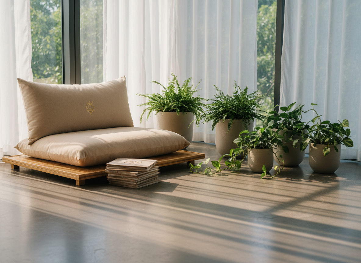 A tranquil studio corner featuring a low, sustainable bamboo platform supporting a large, pale sand-colored cushion and a neatly stacked set of recycled-paper journals with embossed gold symbols. Nearby, a cluster of minimalist ceramic planters hosts thriving green ferns and trailing pothos, their leaves cascading gracefully. Floor-to-ceiling windows reveal only soft, abstract greenery outside, diffused through sheer white curtains. Morning light streams in, creating dappled patterns on the polished concrete floor. Captured at eye level with a slightly wide angle, the photograph emphasizes spatial breathing room and balance. The atmosphere is serene, creative, and sophisticated, reflecting an intentional space for alignment and transformation, with crisp, realistic details and a modern, eco-conscious aesthetic.