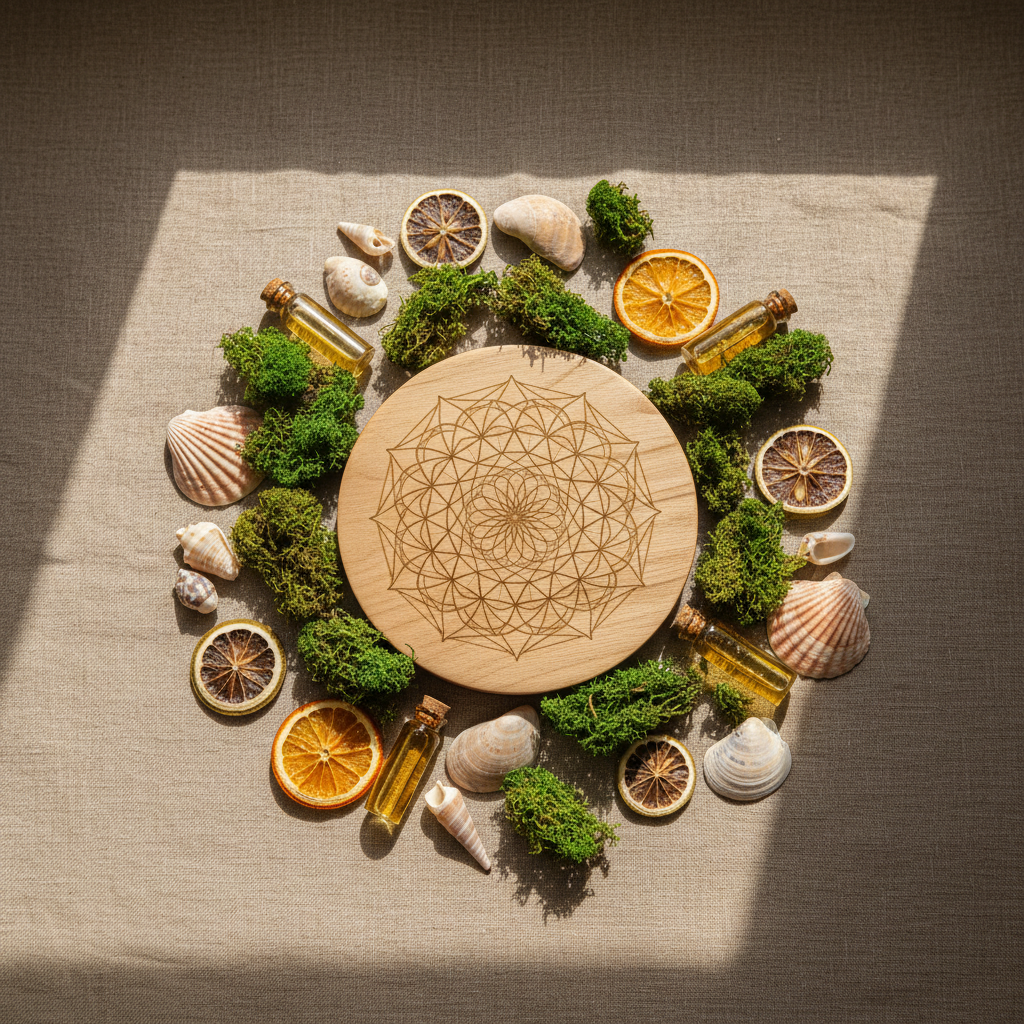 An overhead photographic view of a circular arrangement of natural elements placed on textured linen in warm taupe tones. At the center lies a polished wooden disk engraved with a subtle geometric mandala, surrounded by moss, seashells, dried citrus slices, and small glass vials of botanical oils. Soft diffused daylight from an unseen skylight above creates an even, serene illumination, enhancing earthy colors and organic textures. The composition is carefully balanced yet asymmetrical, with shallow depth of field gently blurring the outer edges. The mood is contemplative and refined, suggesting an ecosystem of healing and creativity that feels both modern and deeply rooted in nature, with a sophisticated, photographic style.