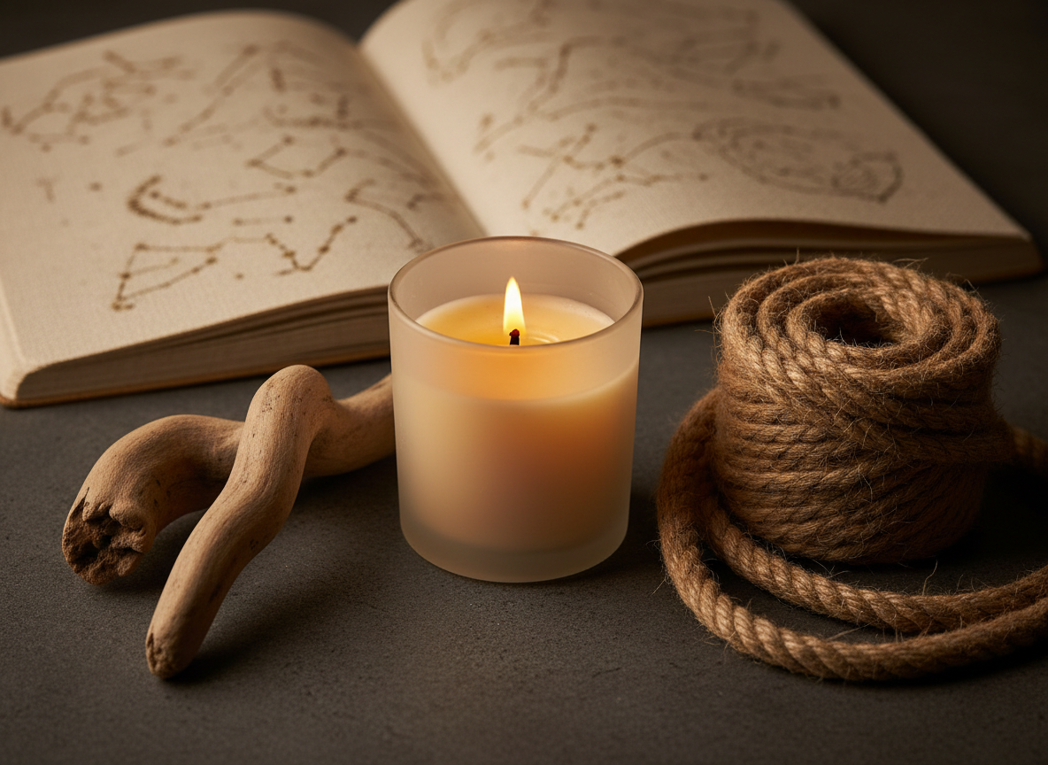 A close-up photographic scene of a handcrafted beeswax candle in a frosted glass vessel, its flame small but steady, placed beside a smooth driftwood sculpture and a neatly coiled natural fiber rope on a matte stone surface. In the background, partially blurred, rests an open, textured hemp notebook with delicate, gold-ink constellation designs. The lighting is warm and low, as if at twilight, with the candle casting soft, elongated shadows and subtle reflections on the glass. Shot from a slightly elevated angle with shallow depth of field, the image feels intimate, refined, and contemplative, suggesting inner healing, creativity, and sustainable living through natural materials and a sophisticated, photographic realism.
